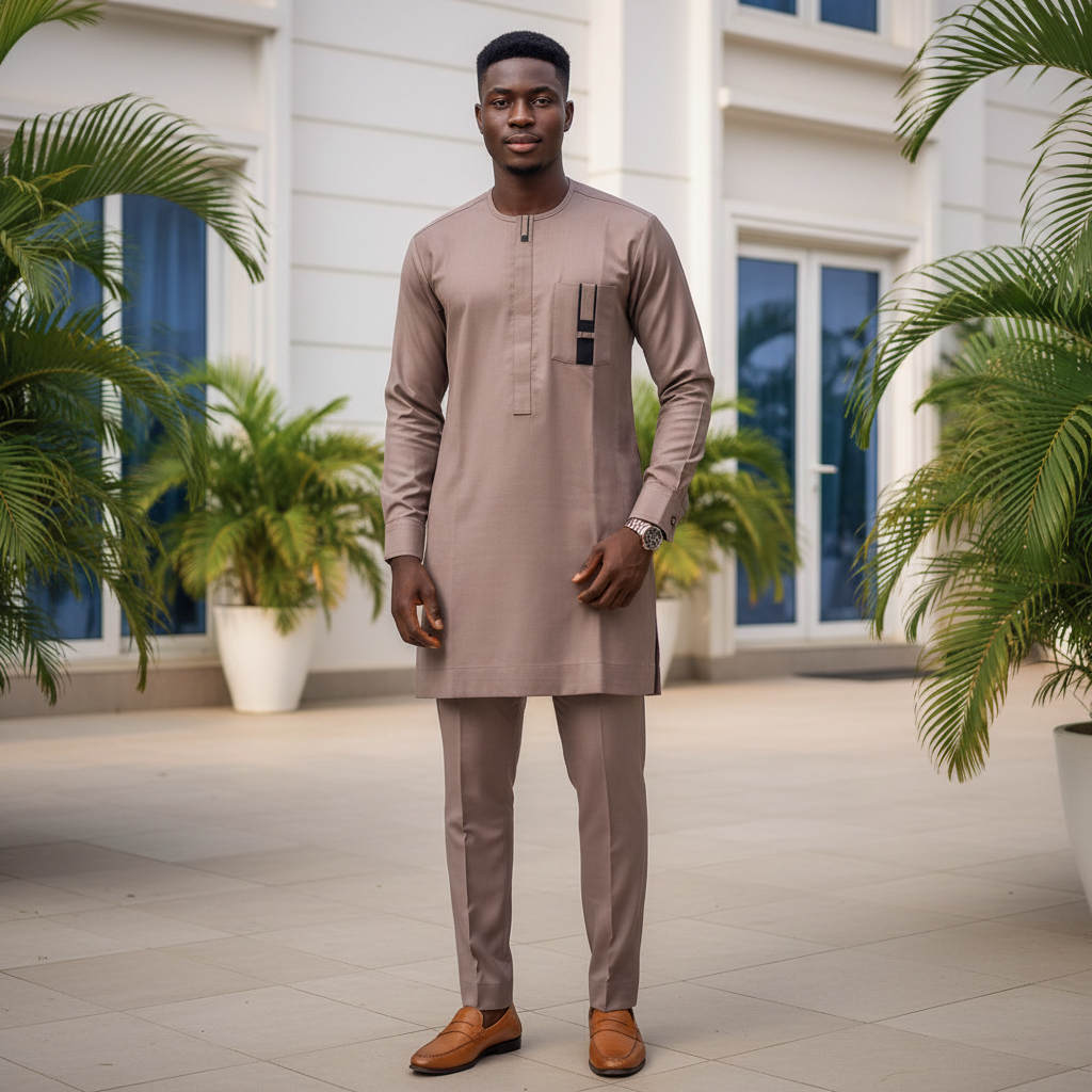 Model wearing taupe brown long-sleeve senator set