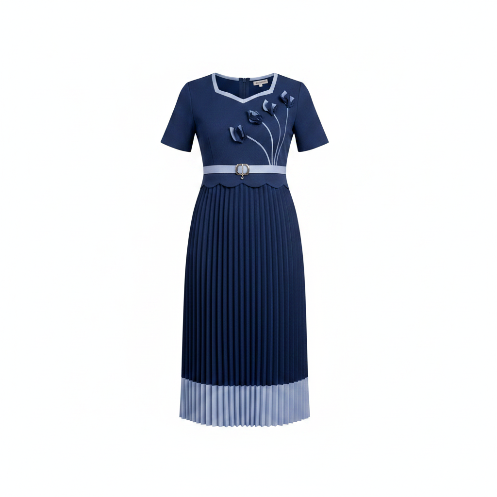 Girls' navy blue pleated midi dress with bow appliqué ghost mannequin front view