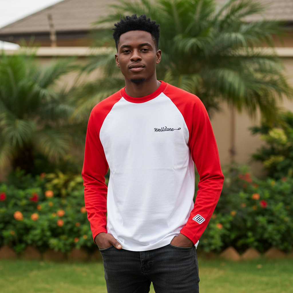 Nigerian male model wearing men's white red raglan script long sleeve shirt