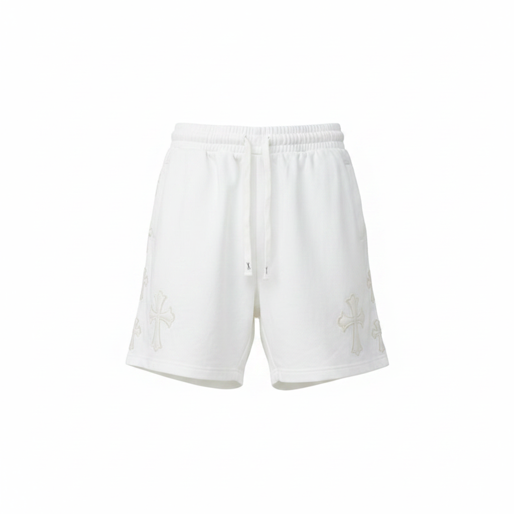 Ghost mannequin front view of white cross patch embroidered drawstring shorts