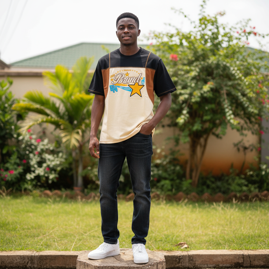Men's Black & Cream Colour-Block Star Graphic T-Shirt – Nigerian Male Model Shot