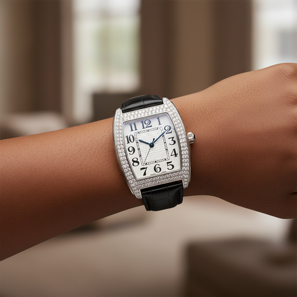 Women's silver full diamond bezel tonneau watch worn on Nigerian model wrist — lifestyle wrist shot
