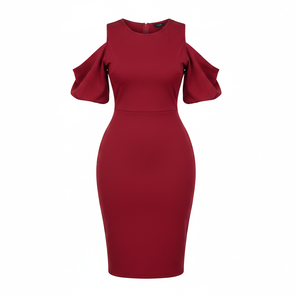Ghost mannequin view of women's crimson red cold-shoulder puff sleeve bodycon midi dress