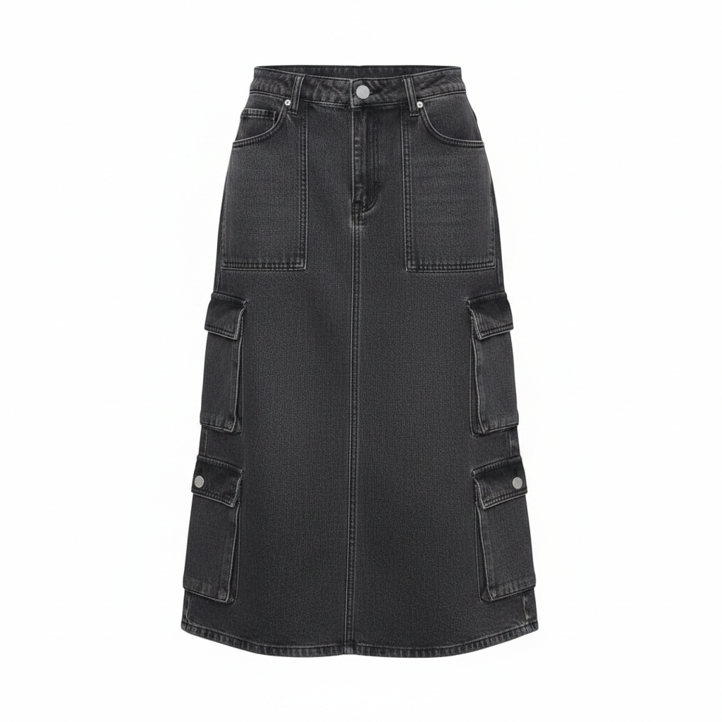 Charcoal Grey Multi-Pocket Heavy Cargo Denim Skirt - Ghost Mannequin Front