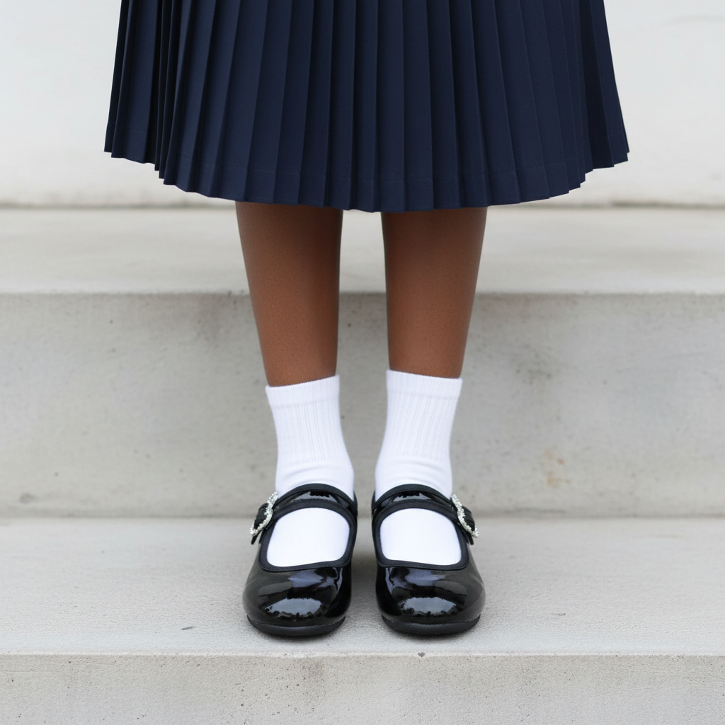 Leg focus shot of black patent Mary Jane school shoes with rhinestone buckle strap worn with white socks and navy skirt