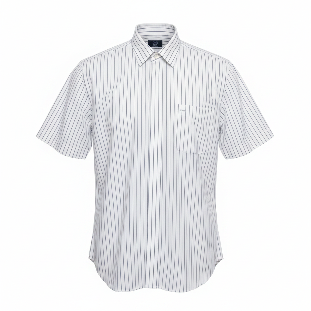 Ghost mannequin of white and navy blue pinstripe short-sleeved shirt on white background
