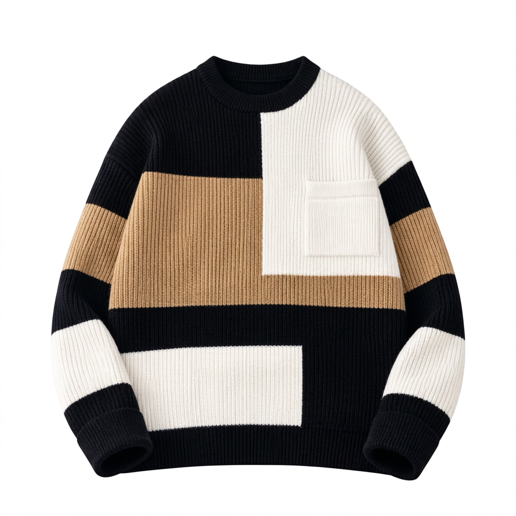 Black tan and white colour-block rib-knit sweater with a chest patch pocket