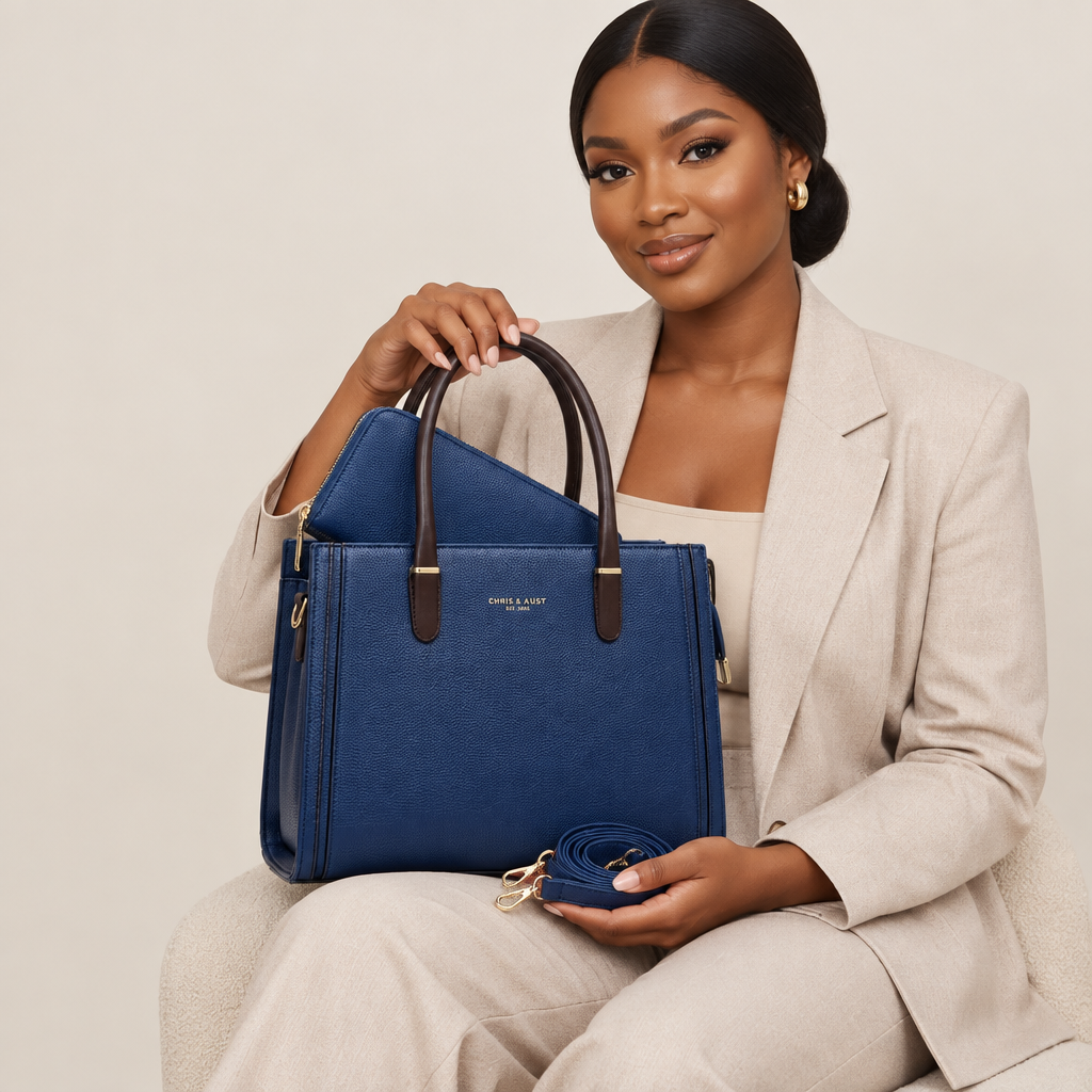 Model holding blue tote set with brown handles and blue strap