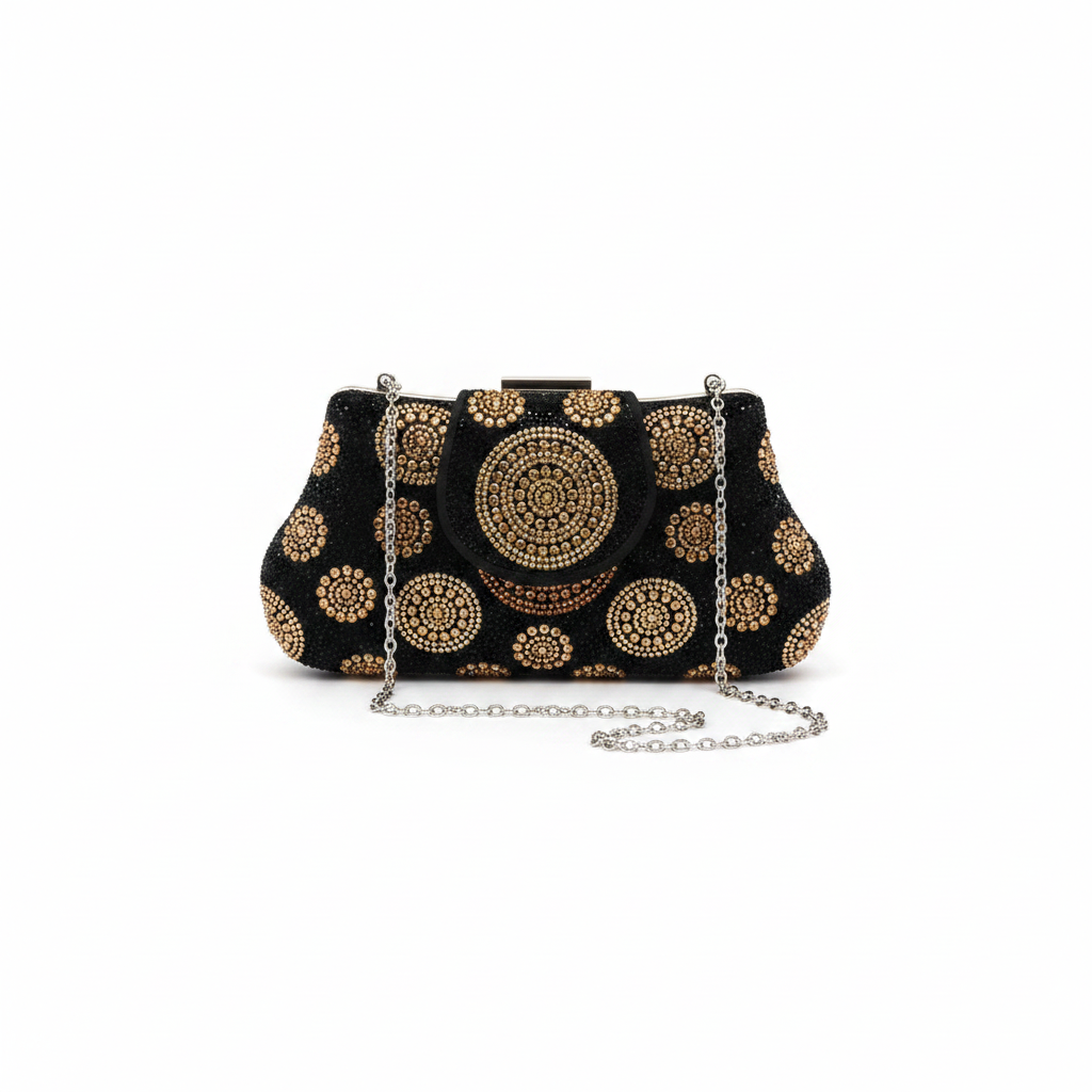 Enemuo Black Velvet Circle Rhinestone Clutch in Gold – ghost mannequin on white background