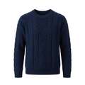 Navy diamond cable-knit crew-neck sweater with long sleeves and ribbed trims