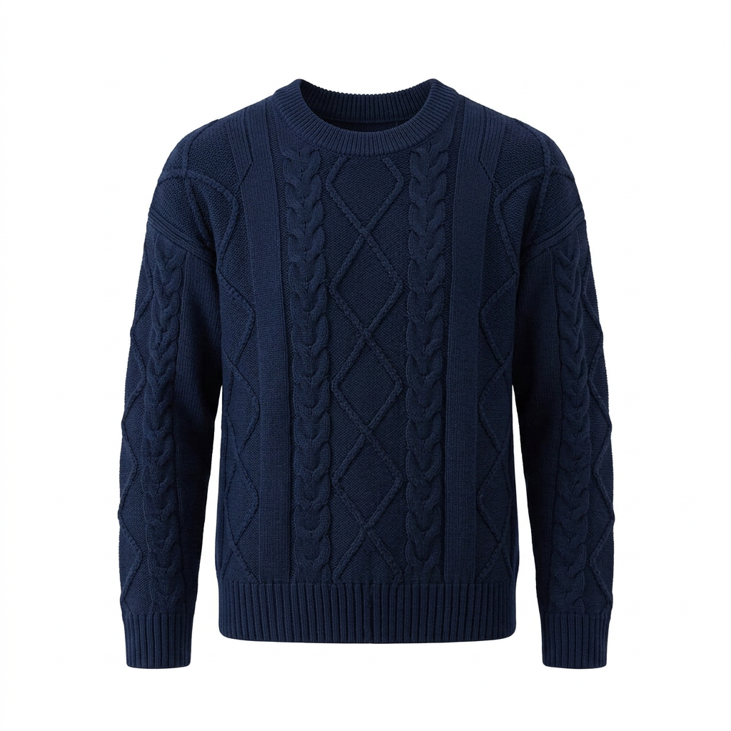 Navy diamond cable-knit crew-neck sweater with long sleeves and ribbed trims