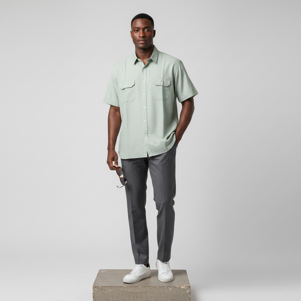 Sage Green Micro-Texture Short-Sleeved Shirt - Model Shot