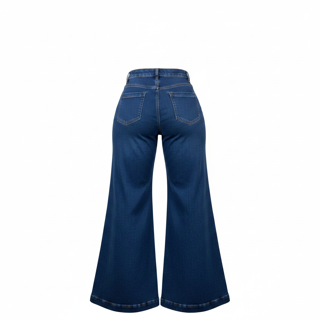 Women's dark blue high-waist wide-leg flared denim jeans - ghost mannequin back view