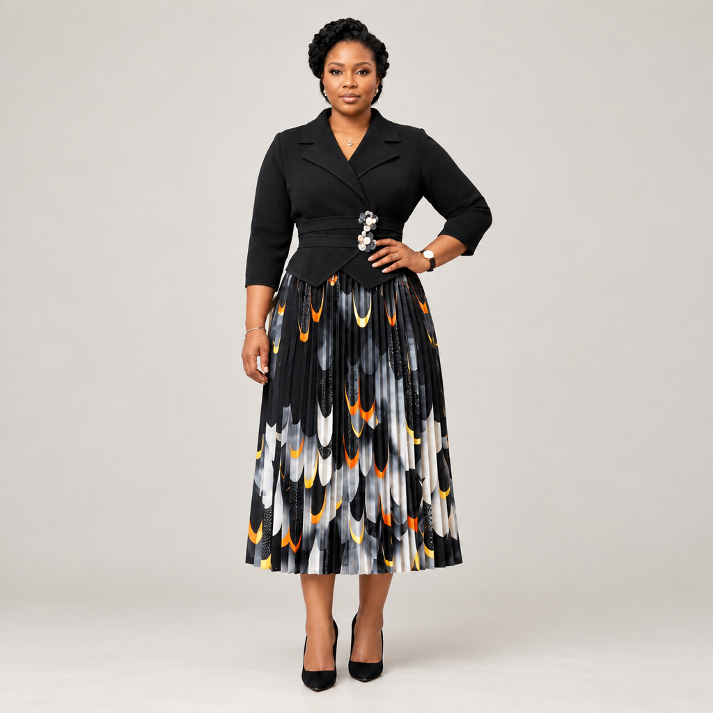 Black Nigerian model wearing a black pleated gown with floral waist detail and abstract-print skirt