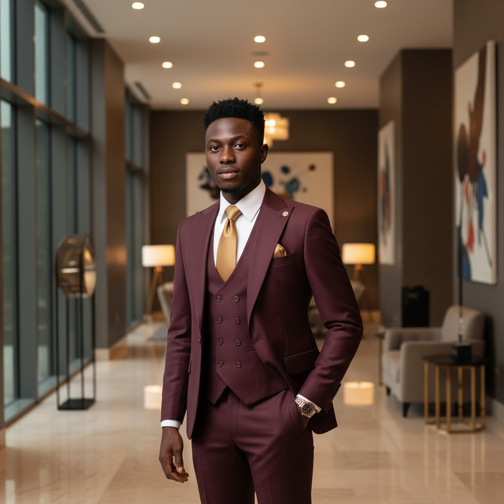 Burgundy 3-Piece Suit with Gold Tie â€“ Nigerian Model