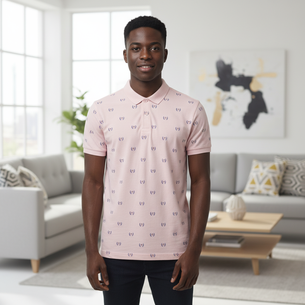 Young Nigerian male model wearing blush pink all-over crest print polo shirt, front view