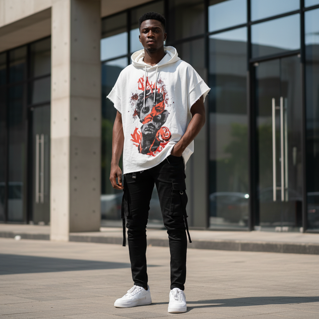 Flame Skull Graphic Hoodie White – Model Shot