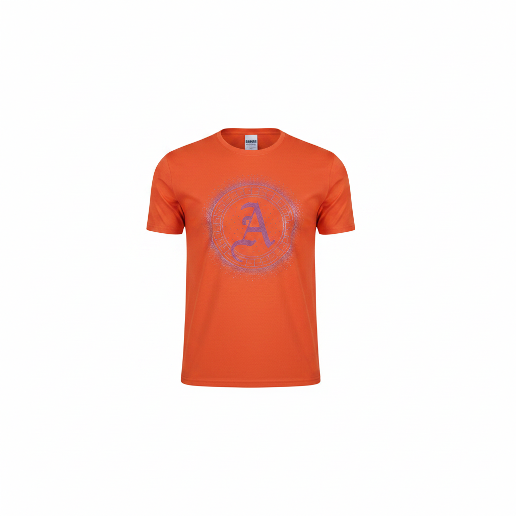 Ghost mannequin front view of orange rhinestone medallion T-shirt