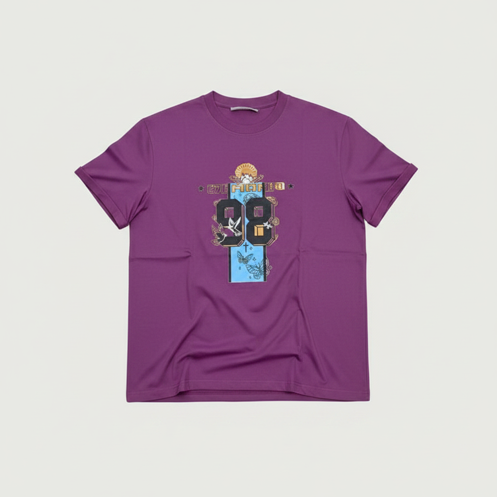 Men's purple 89 graphic T-shirt on a ghost mannequin