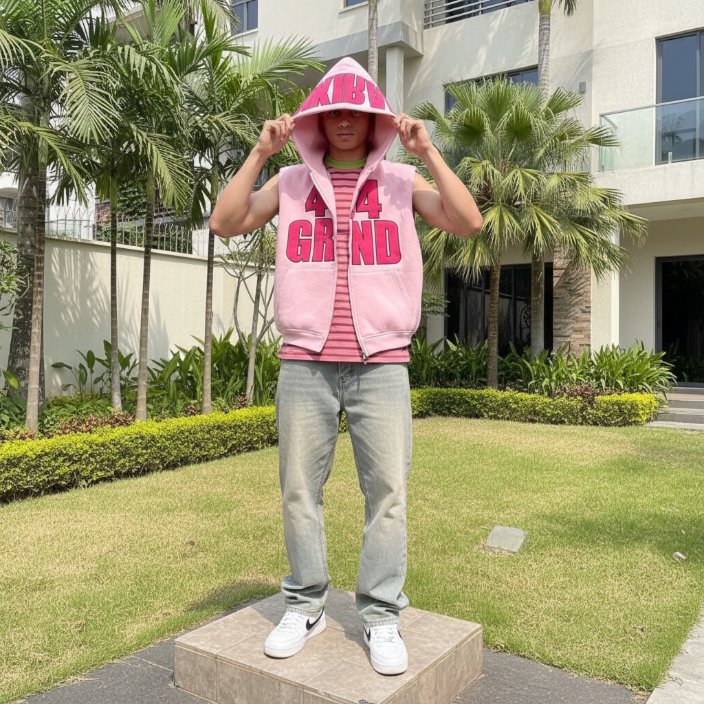 Men's Pink Sleeveless Graphic Hoodie – Nigerian Male Model Shot