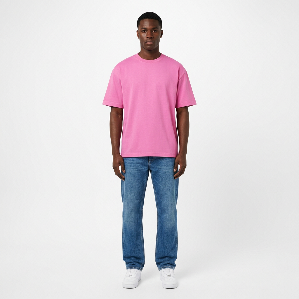 Full-body Black adult model wearing a plain bright-pink T-shirt