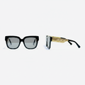 Unisex oversized square cat-eye sunglasses glossy black acetate frame gold diamond mesh panel light grey mirror lens – front and side view