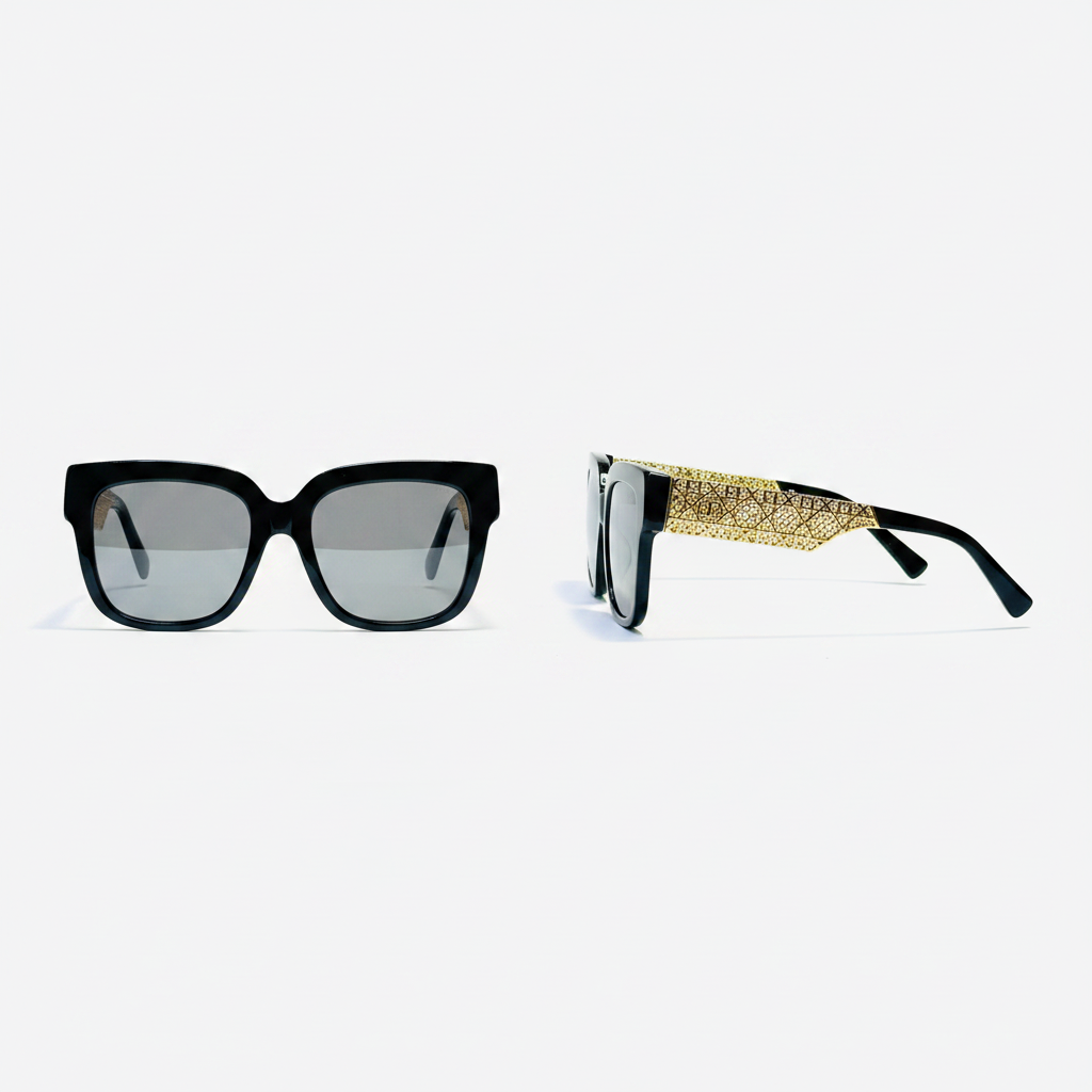 Unisex oversized square cat-eye sunglasses glossy black acetate frame gold diamond mesh panel light grey mirror lens – front and side view