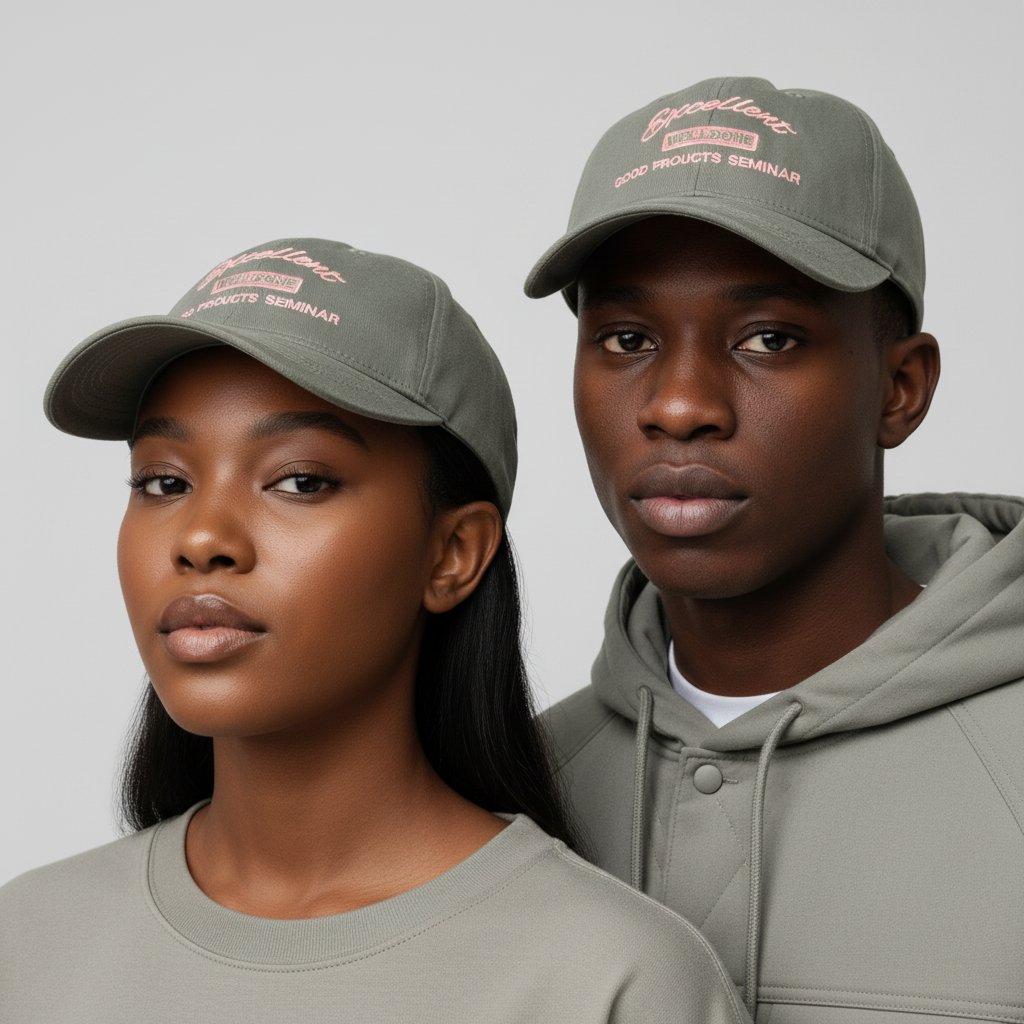 Nigerian Gen Z male and female models wearing olive green layered pink slogan embroidered dad cap
