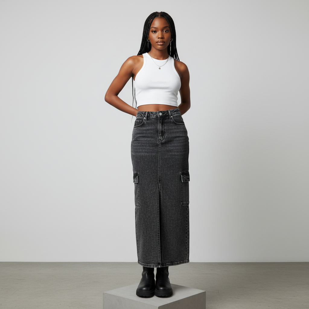 Washed Black Denim Cargo Midi Skirt - Model Shot