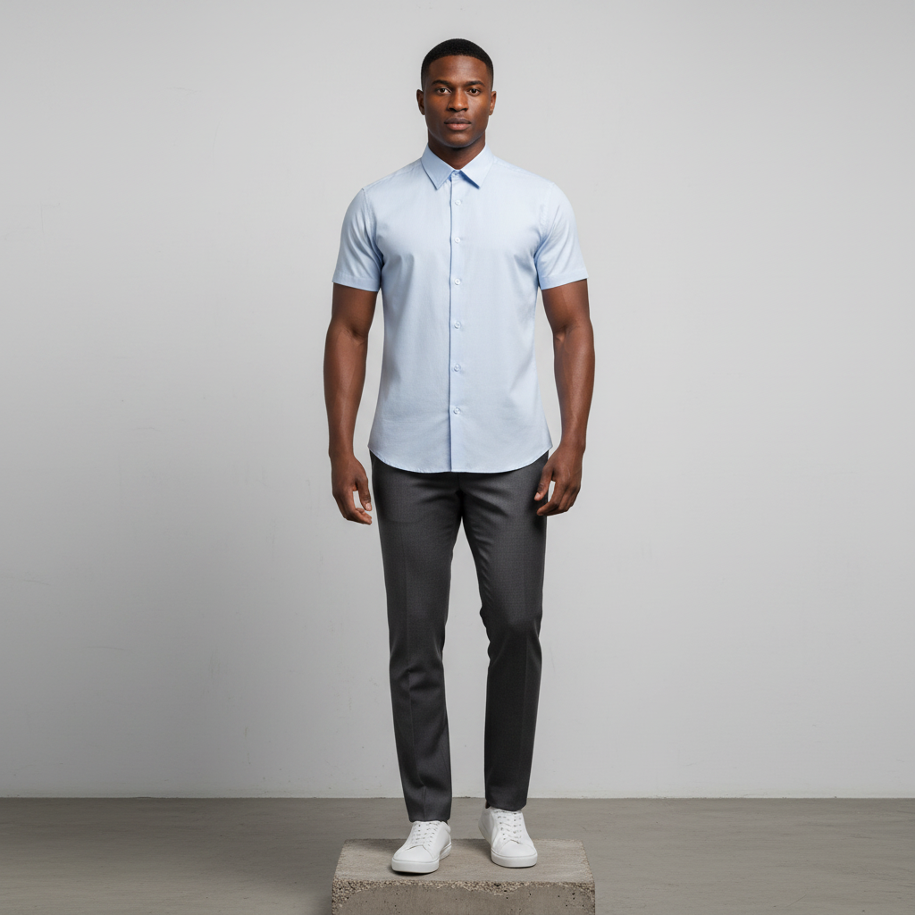 Light Blue Plain Short-Sleeved Shirt - Model Front View