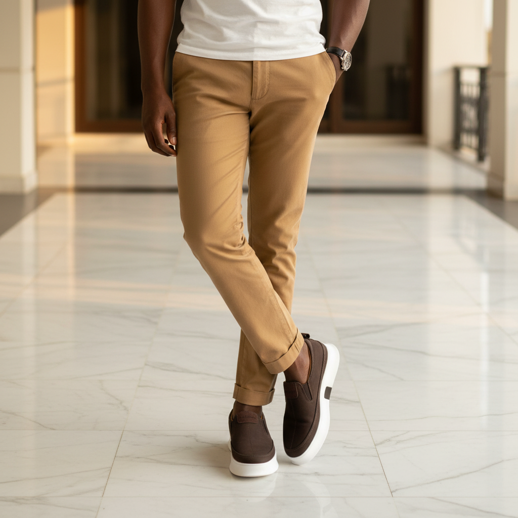 Nigerian male model wearing Timberland espresso brown nubuck slip-on loafers, smart-casual leg focus lifestyle shot