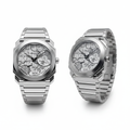 Steel Octo Finissimo style watch with white blueprint dial, front and side view on white background