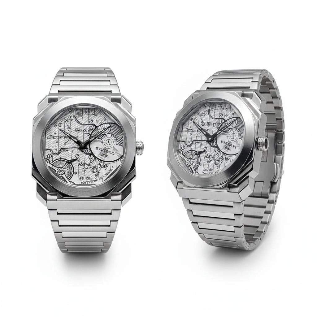 Steel Octo Finissimo style watch with white blueprint dial, front and side view on white background
