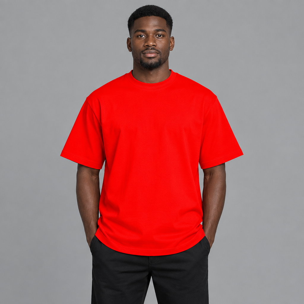 Man wearing bright red crew-neck T-shirt