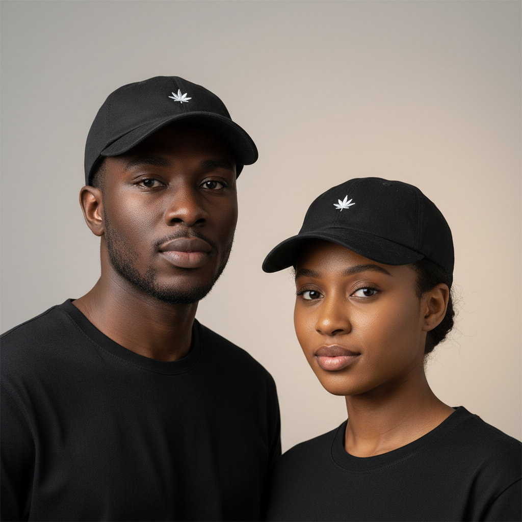 Nigerian male and female models wearing black maple leaf embroidered dad cap