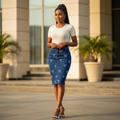 Rhinestone Bow Denim Pencil Skirt – Model Shot