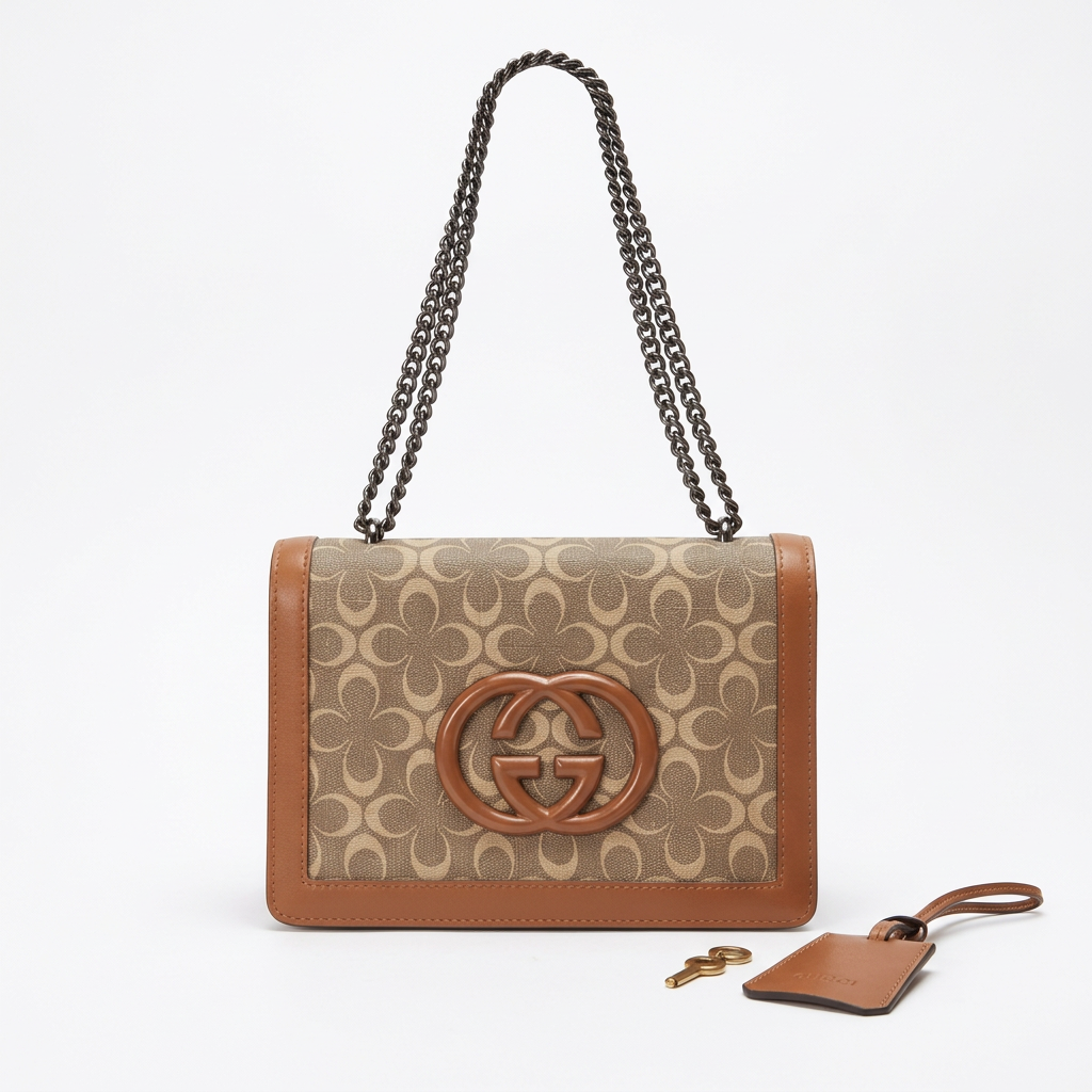 Brown-trim taupe patterned flap bag with chain strap and separate charm on white