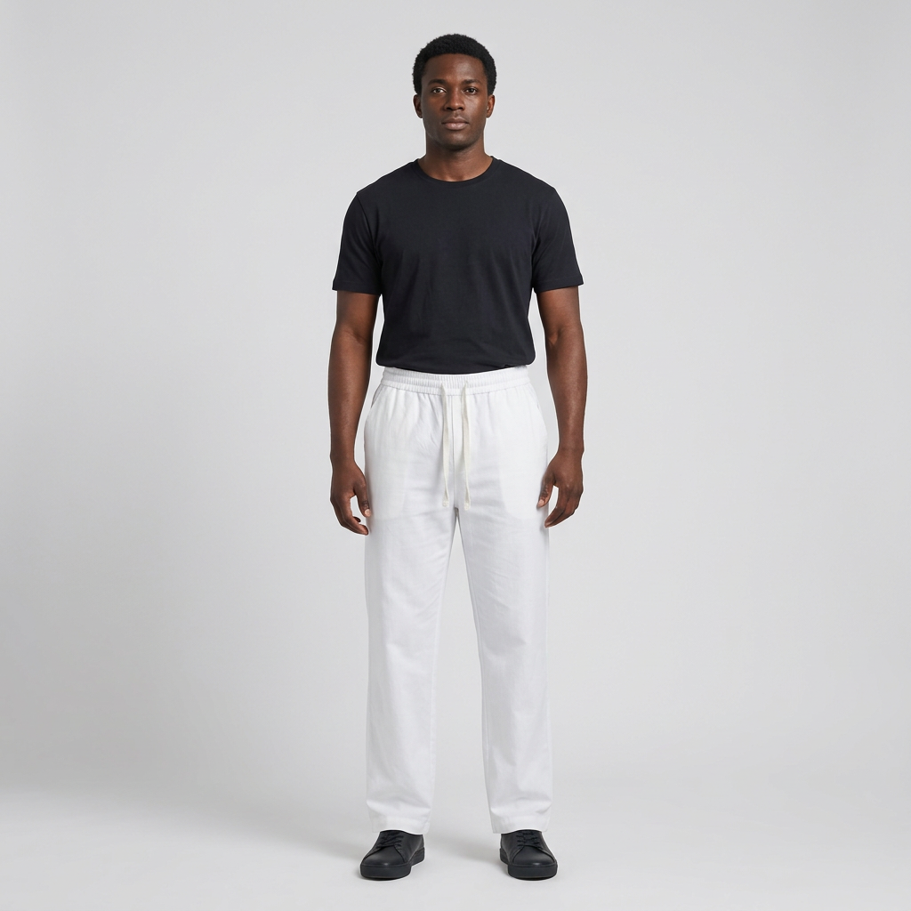 Full-body male model wearing white drawstring trousers