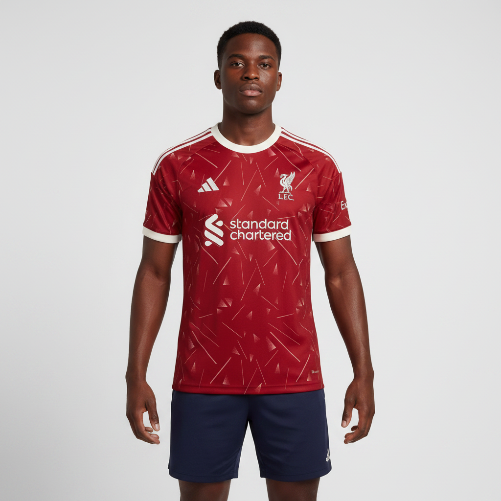 Nigerian male model wearing Liverpool home jersey
