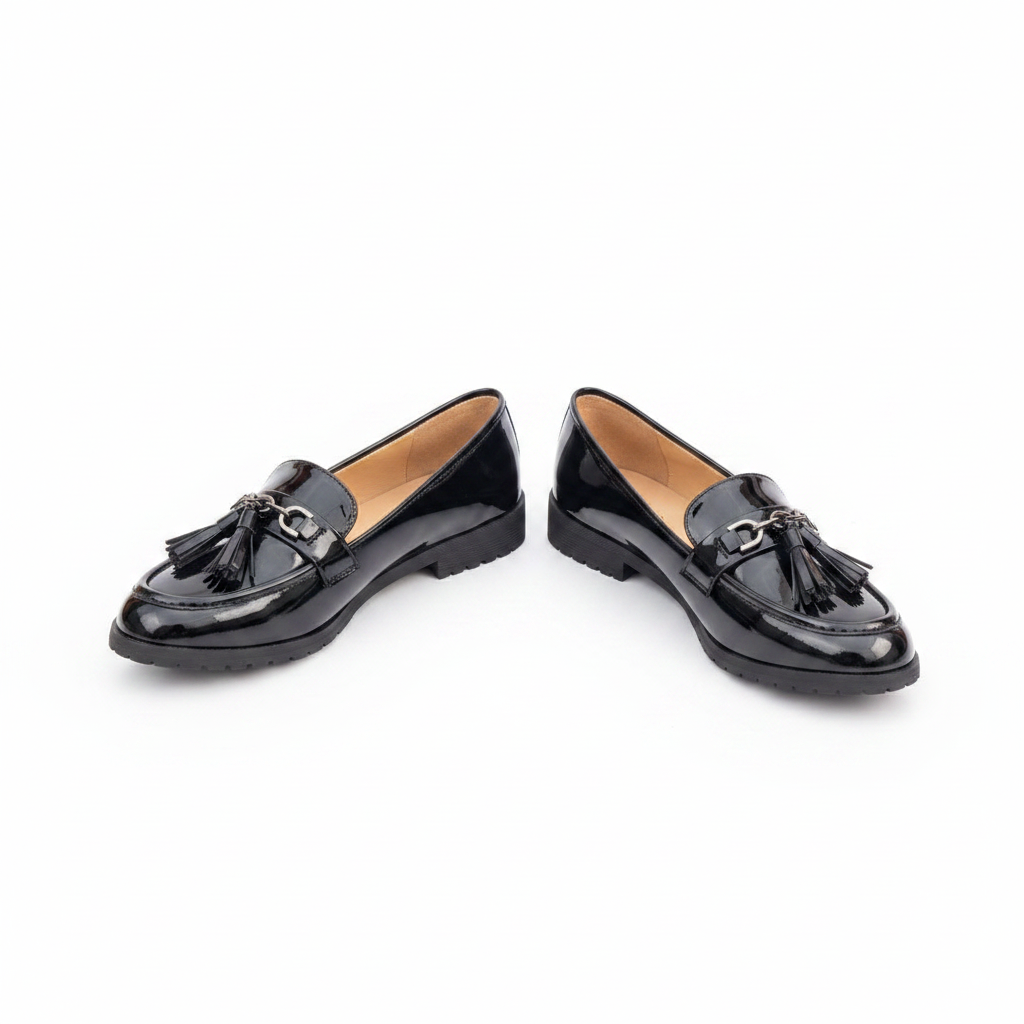 Layinka Store Black Patent Tassel-Chain Loafers – Catalog Shot