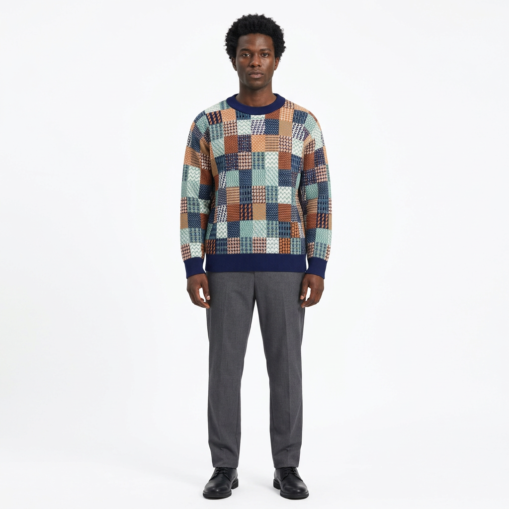 Full-body male model wearing a multicolour patchwork-pattern knit sweater