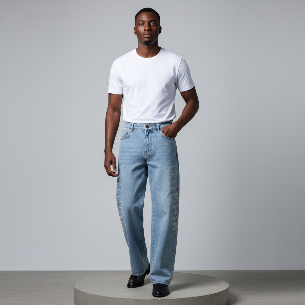 Nigerian male model wearing light blue rhinestone embellished wide-leg jeans