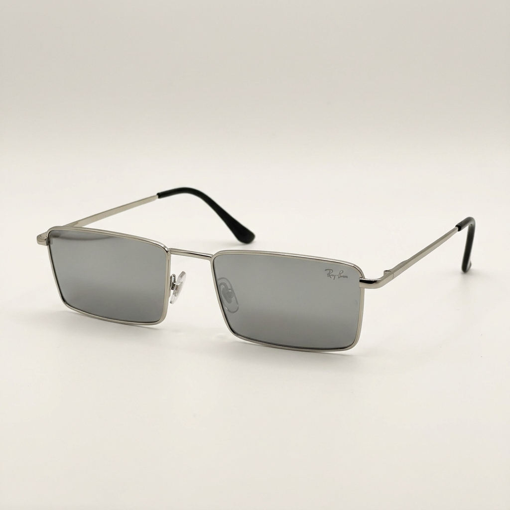 AI-edited silver-tone rectangular sunglasses with grey lenses