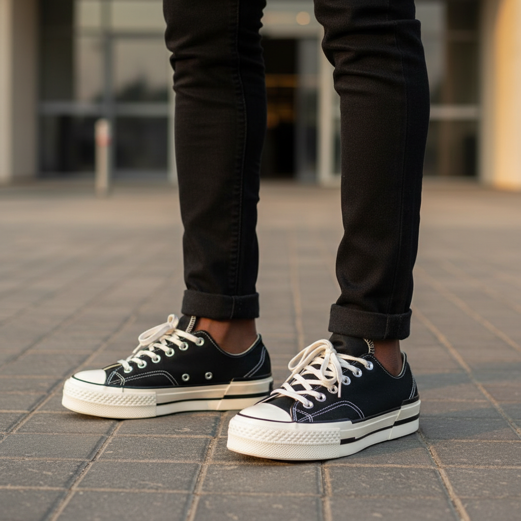 Nigerian male model wearing black leather Chuck 70 Low platform sneakers, tight zoomed-in streetwear-luxury leg focus lifestyle shot