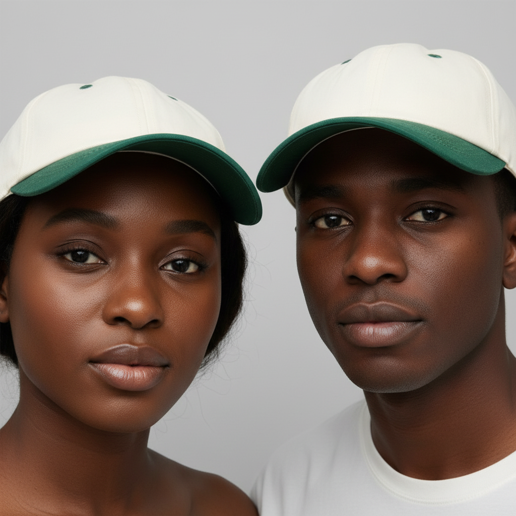 Nigerian female and male models wearing two-tone cream and forest green plain baseball cap – head shot