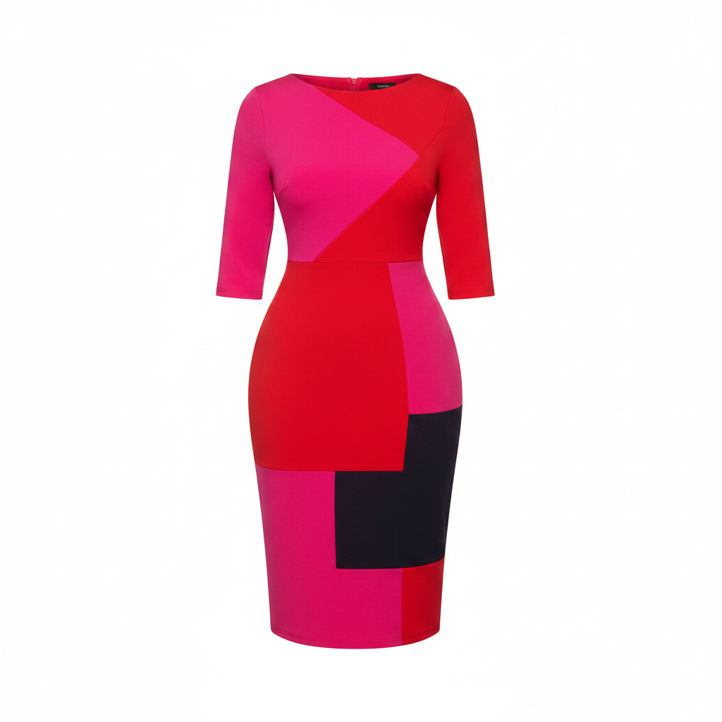 Ghost mannequin view of Women's Hot Pink & Red Geometric Colour-Block 3/4 Sleeve Bodycon Midi Dress