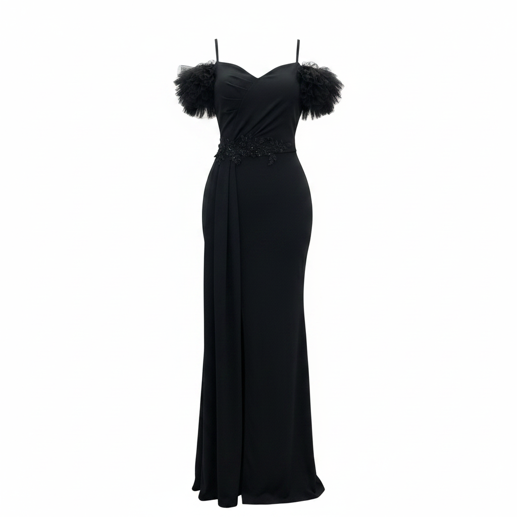 Black Tulle Ruffle Off-Shoulder Maxi Gown - Ghost Mannequin