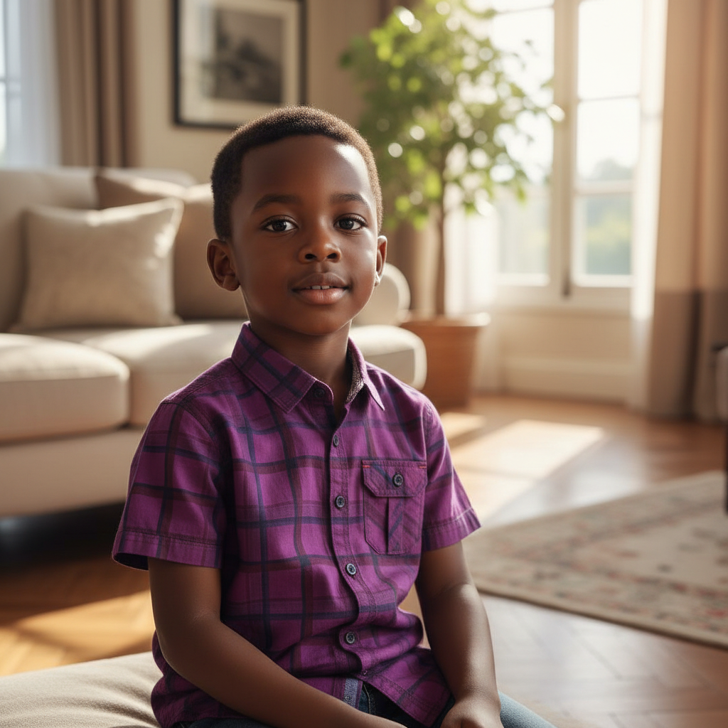 Boy aged 4 wearing Purple Plaid Short-Sleeve Shirt - Model Shot