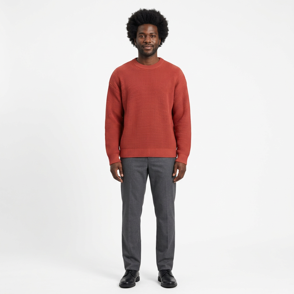 Full-body male model wearing a brick-red textured crew-neck knit sweater