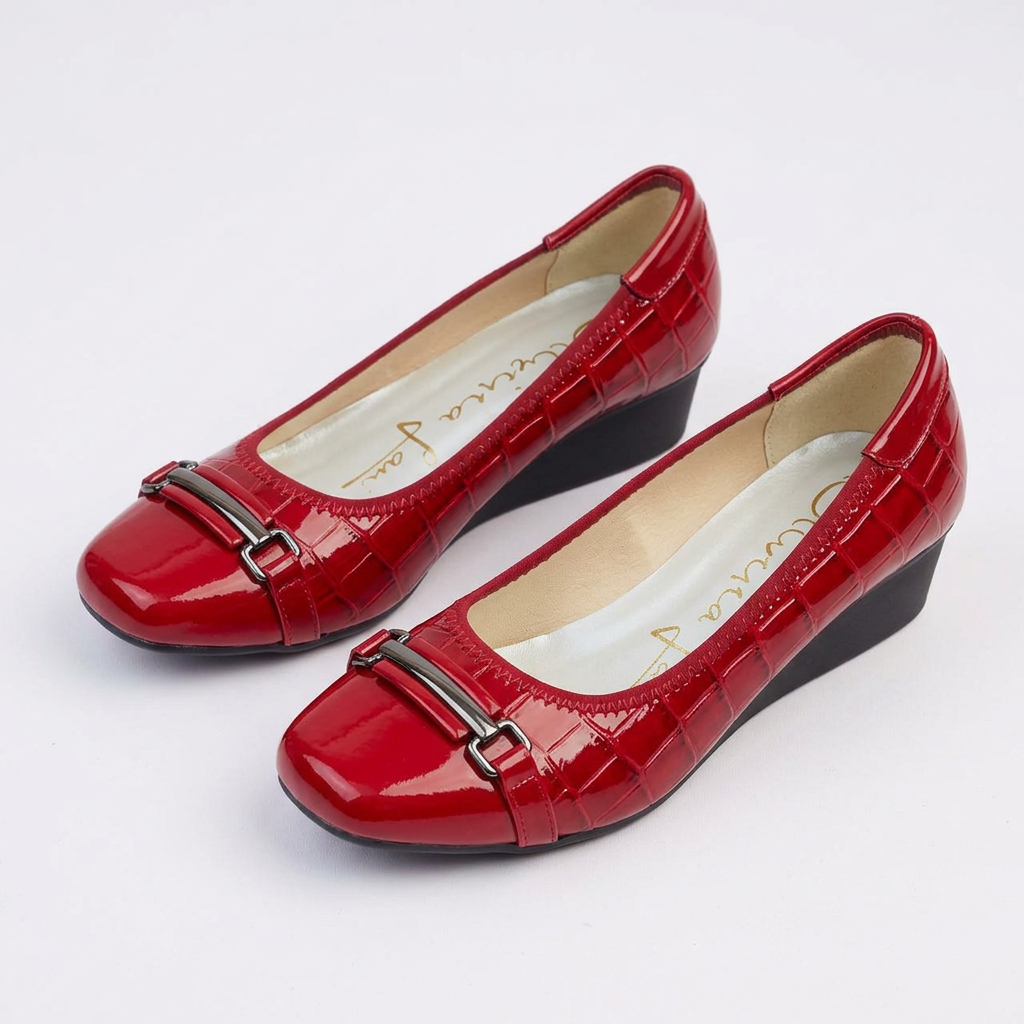 Matching red square-toe bar-detail wedge shoes